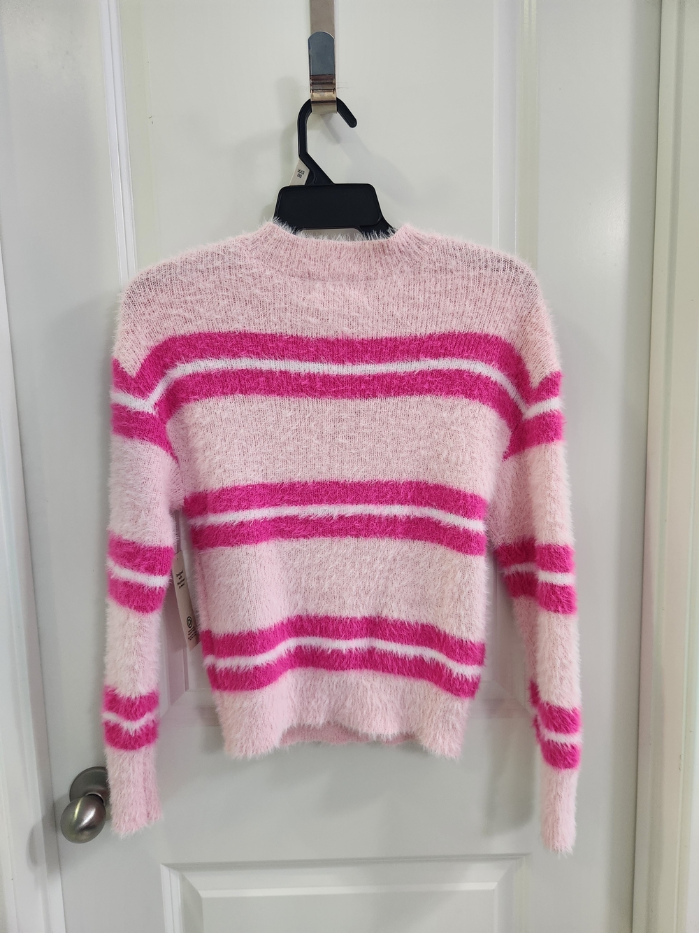 No Boundaries Pink Fuzzy Crewneck with Hot Pink Stripes Size XXS (00) - Picture 8 of 8